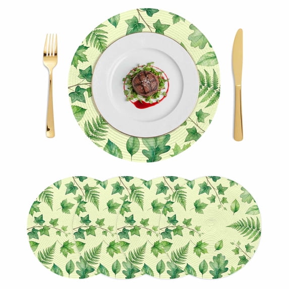 Spring Botanical Round 13 Inch Placemats Set of 4, Green Ivy Ferns Oak Leaves Yellow HeatResistant Non Slip Place Mats for Dining Table, Wipeable Braided Kitchen Table Mats for Housewarming