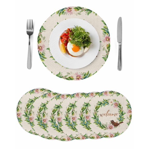Spring Botanical Round 13 Inch Placemats Set of 6, Garden Birds Floral Leaves Rustic Burlap HeatResistant Non Slip Place Mats for Dining Table, Wipeable Braided Kitchen Table Mats for Housewarming