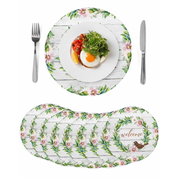Spring Botanical Round 13 Inch Placemats Set of 8, Garden Birds Floral Leaves Gray Woodn HeatResistant Non Slip Place Mats for Dining Table, Wipeable Braided Kitchen Table Mats for Housewarming