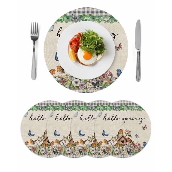 Spring Botanical Round 15 Inch Placemats Set of 4, Farmhouse Vintage Black Plaid Brown HeatResistant Non Slip Place Mats for Dining Table, Wipeable Braided Kitchen Table Mats for Housewarming