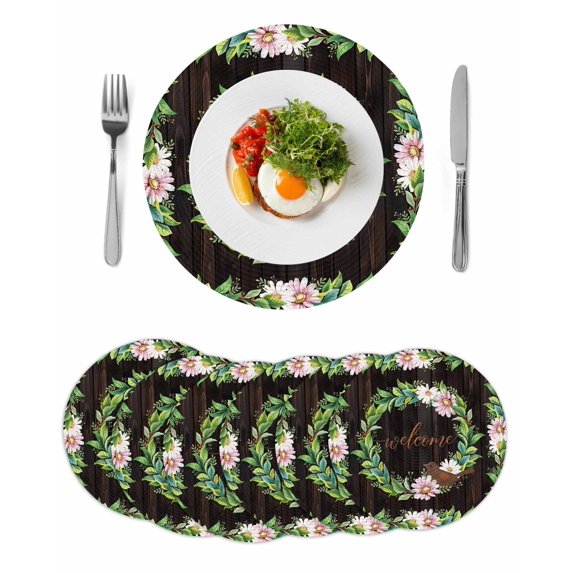 Spring Botanical Round 15 Inch Placemats Set of 6, Garden Birds Floral Leaves Brown Wood HeatResistant Non Slip Place Mats for Dining Table, Wipeable Braided Kitchen Table Mats for Housewarming