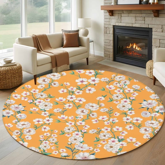 Spring Botanical Round Area Rug 8Ft Washable Large Circle Rugs for Living Room Dorm, Watercolor Floral Flowers Botanical Yellow Non-Slip Carpet Floor Mats Indoor Outdoor Carpet Runner Home Decor