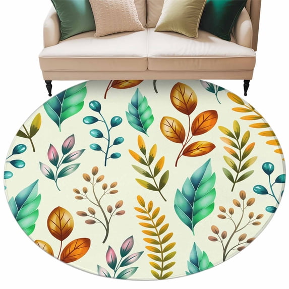 Spring Botanical Round Area Rugs Collection 8', Watercolor Leaves Floral Rustic Cream Non Slip Indoor Circular Throw Runner Rug Floor Mat Carpet for Living Room Dining Table Bedroom Nursery