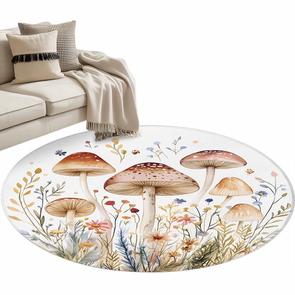 Spring Botanical Round Area&nbsp;Rug 3.3ft Watercolor Mushroom Farmhouse Leaf Wildflower Non-Slip&nbsp;Washable Circle Rugs Soft Felt Indoor Floor Mat for Bedroom Kitchen Living Room Bathroom