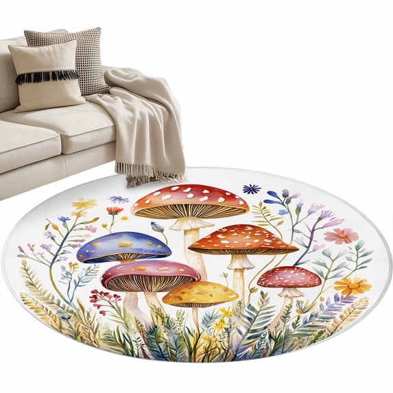 Spring Botanical Round Area Rug 3ft Farm Rustic Wildflower Leaves Watercolor Mushroom Non-Slip Washable Circle Rugs Soft Felt Indoor Floor Mat for Bedroom Kitchen Living Room Bathroom