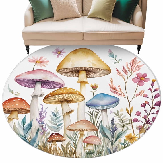 Spring Botanical Round Area Rug 5ft Rustic Farm Flowers Leaves Watercolor Mushroom Non-Slip Washable Circle Rugs Soft Felt Indoor Floor Mat for Bedroom Kitchen Living Room Bathroom