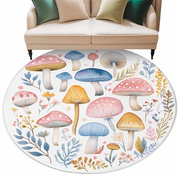 Spring Botanical Round Area Rug 7ft Farmhouse Rustic Flowers Leaf Watercolor Mushroom Non-Slip Washable Circle Rugs Soft Felt Indoor Floor Mat for Bedroom Kitchen Living Room Bathroom
