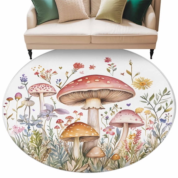 Spring Botanical Round Area Rug 7ft Watercolor Mushroom Farmhouse Leaves Wildflower Non-Slip Washable Circle Rugs Soft Felt Indoor Floor Mat for Bedroom Kitchen Living Room Bathroom