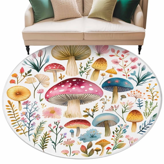 Spring Botanical Round Area Rug 8ft Rustic Farmhouse Leaves Flowers Watercolor Mushroom Non-Slip Washable Circle Rugs Soft Felt Indoor Floor Mat for Bedroom Kitchen Living Room Bathroom