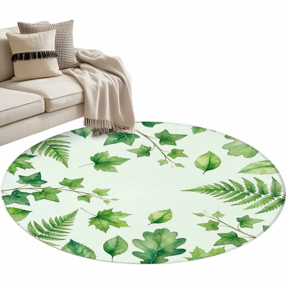 Spring Botanical Round Rug 3ft Washable Circle Entryway Rugs Non Slip Green Ivy Ferns Oak Leaves Light Blue Area Rug Indoor Floor Carpet for Bedroom Kitchen Living Room Office Dining Room Nursery