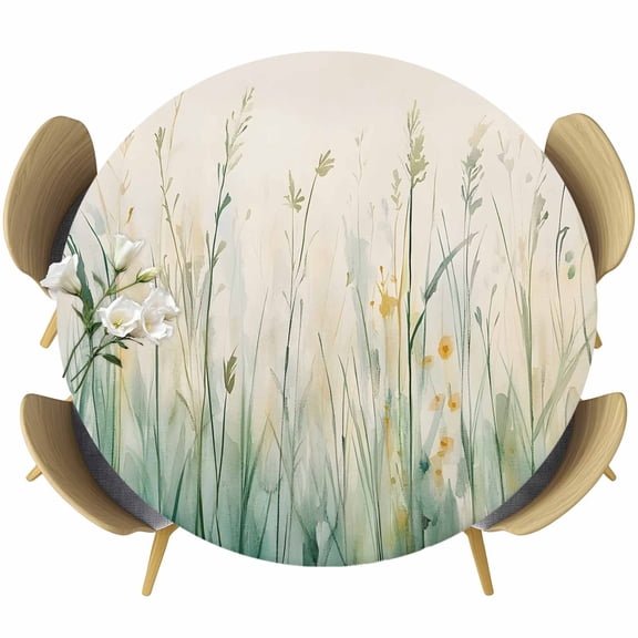 Spring Botanical Round Tablecloth 36-44 Inch Round Fitted Table Cloth with Elastic Edge, Modern Watercolor Green Leaf Plant Waterproof Table Cover Protector for Outdoor Picnic Party Dining