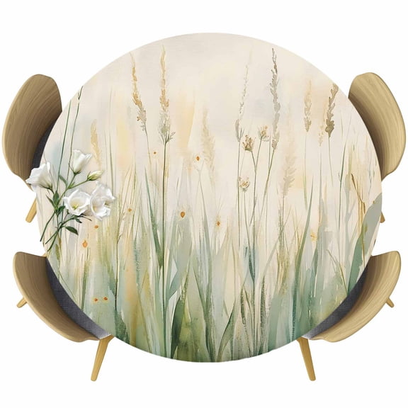 Spring Botanical Round Tablecloth 36-44 Inch Round Fitted Table Cloth with Elastic Edge, Modern Watercolor Leaf Plant Waterproof Table Cover Protector for Outdoor Picnic Party Dining