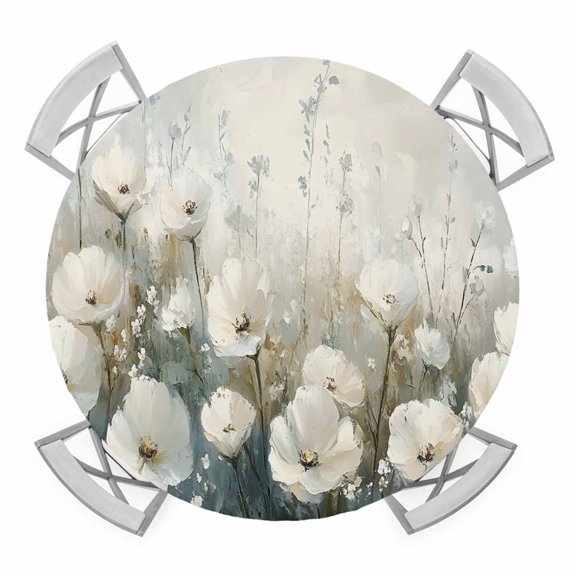 Spring Botanical Round Tablecloth for 36-44 Inch Tables,Fitted Table Cover with Elastic Edge,Abstract Oil Painting White Floral Plant Waterproof Outdoor Table Cloth Protector for Patio Garden Dinner
