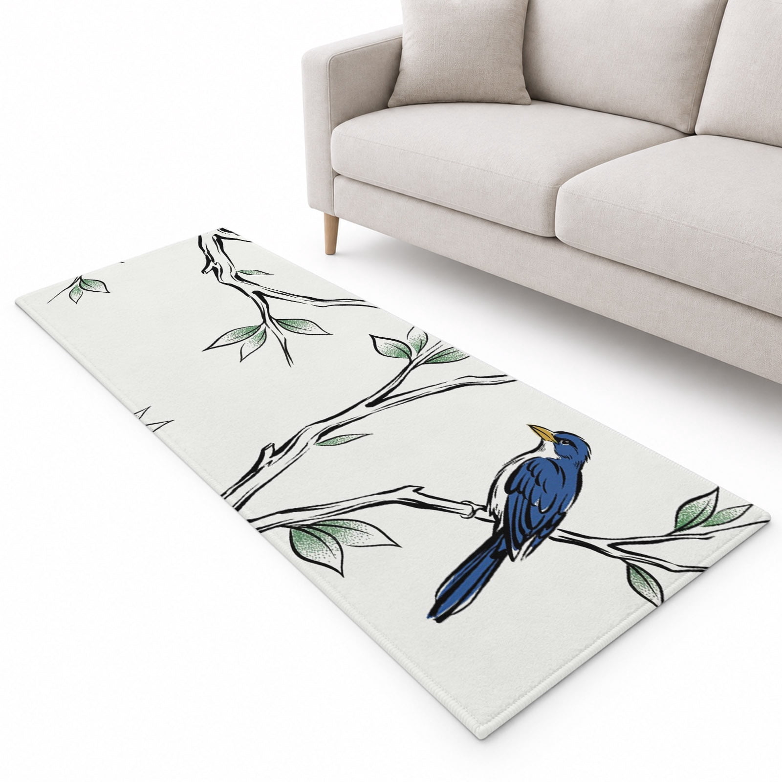 Spring Botanical Runner Rug 2.6'x10', Watercolor Navy Blue Bird ...