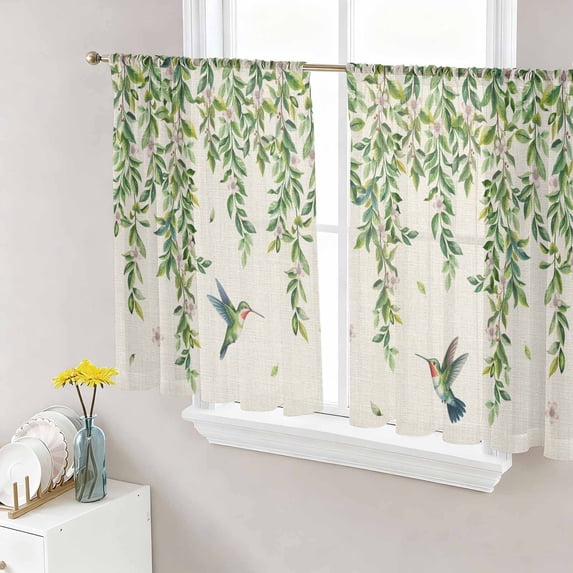 Spring Botanical Sheer Curtains 45 Inch Length 2 Panels Set Window Treatments, Watercolor Leaves Flowers Birds Beige Rod Pocket Semi Curtains for Living Room/Bedroom/Kitchen Décor, 104"W x 45"L