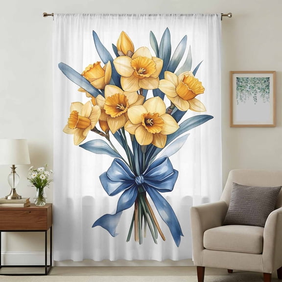 Spring Botanical Sheer Curtains 45 Inches Long, Yellow Verdant Flower Patterns Light Filering Curtains, Breathable Simi Curtain Privacy Drapes for Kitchen Bathroom Lightweight Small Window Treatment
