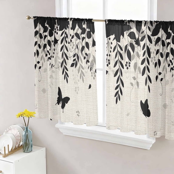 Spring Botanical Sheer Curtains 54 Inch Length 2 Panels Set, Black Eucalyptus Butterfly Rustic Voile Window Treatment Rod Pocket Short Kitchen Curtains Drapes for Bedroom 52"x54"x2