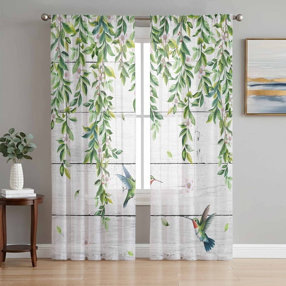 Spring Botanical Sheer Curtains 63 Inch Length 2 Panels Set Window Treatments, Watercolor Leaves Flowers Birds Gray Wood Rod Pocket Semi Curtains for Living Room/Bedroom/Kitchen Décor, 104"W x 63"L