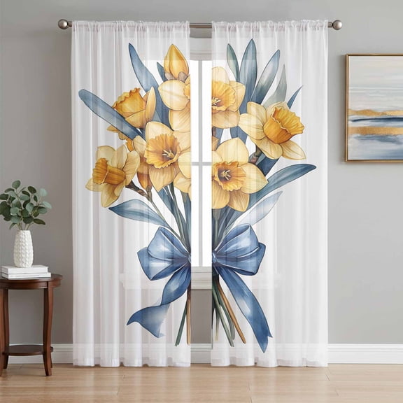 Spring Botanical Sheer Curtains 63 Inch Length 2 Panels Set, Yellow Verdant Flower Patterns Voile Window Treatment Rod Pocket Curtains Sheers Drapes for Bedroom/Living Room/Kitchen 52x"63"x2