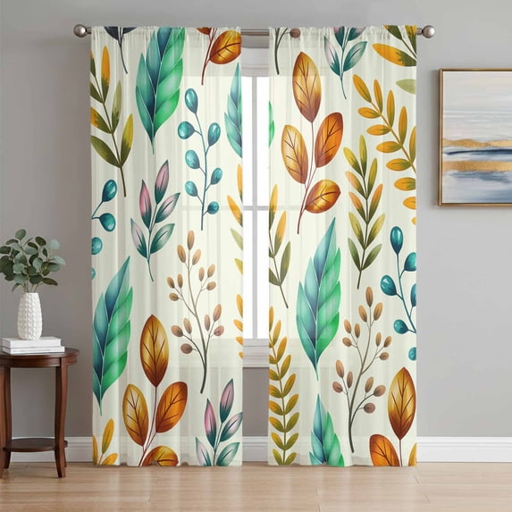 Spring Botanical Sheer Curtains 96 Inch Length 2 Panels Set Window Treatments, Watercolor Leaves Floral Rustic Cream Rod Pocket Semi Curtains for Living Room/Bedroom/Kitchen Décor, 104"W x 96"L
