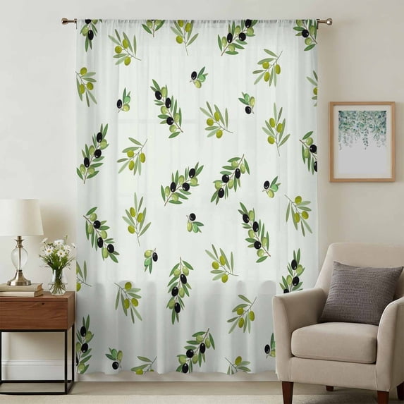 Spring Botanical Sheer Curtains 96 Inches Long, Green Olive Berry Branches Leaves Fruit Light Filering Curtains, Privacy Drapes Simi Floor to Veiling Curtain for Living Room Bedroom Window Treatment