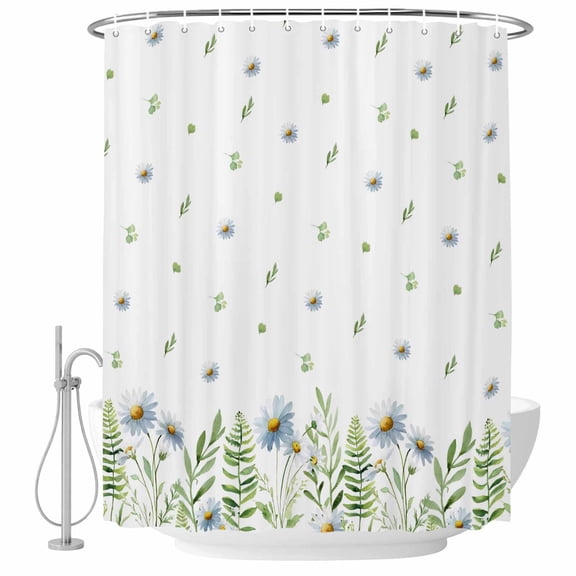 Spring Botanical Shower Curtain Set - 48" x 72" Washable Bathtub Curtain with 12 Hooks, Farmhouse Pastoral Daisy Leaves Waterproof Fabric Stall Shower Curtains for Bathroom/Bathtub Décor