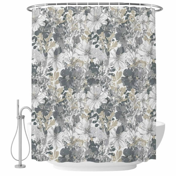Spring Botanical Shower Curtain, Waterproof Shower Curtains for Bathroom, Country Floral Leaves Gray Brown Washable Fabric Bathtub Curtain Set Bath Decor with 12 Hooks Standard 72"x72"