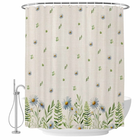 Spring Botanical Shower Curtain, Waterproof Shower Curtains for Bathroom, Rustic Pastoral Daisy Leaves Burlap Washable Fabric Bathtub Curtain Set Bath Decor with 12 Hooks 72"x78"