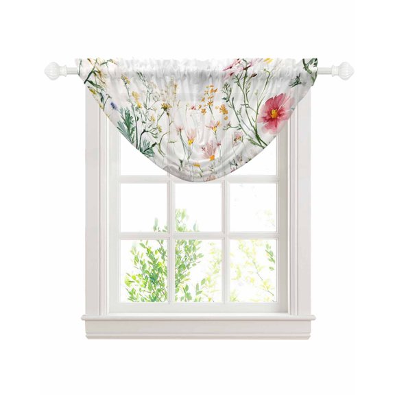 Spring Botanical Spring Sheer Waterfall Valance Curtains for Window, Rustic Floral Farmhouse Rod Pocket Sheer Topper Swag Curtains for Living Room, Kitchen 38.5"W x 47.2"L, 1 Panel