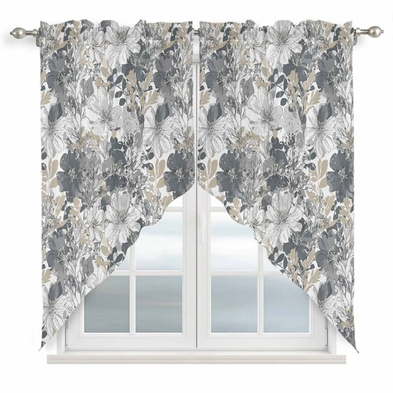 Spring Botanical Swag Valances for Windows, Kitchen Curtains 36 Inch Length 2 Panels Set, Country Floral Leaves Gray Brown Short Curtains for Small Windows Rod Pocket Cafe Curtains Drapes 28"x36"