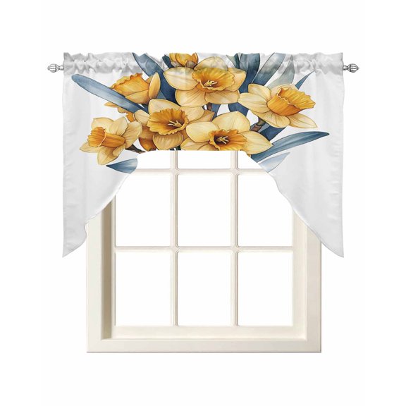Spring Botanical Swag Valances for Windows, Small Curtains Drapes, Yellow Verdant Flower Patterns Kitchen Window Curtains Over Sink Rod Pocket Window Treatment Valance for Bedroom/Bathroom 56"x36"