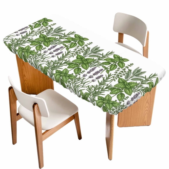 Spring Botanical Table Cloths for 3 Foot Rectangle Tables, Green Herbs Grass Flowers Vintage Country Patio Waterproof Elastic Fitted Tablecloths, Washable Rectangular Table Cover for Camping