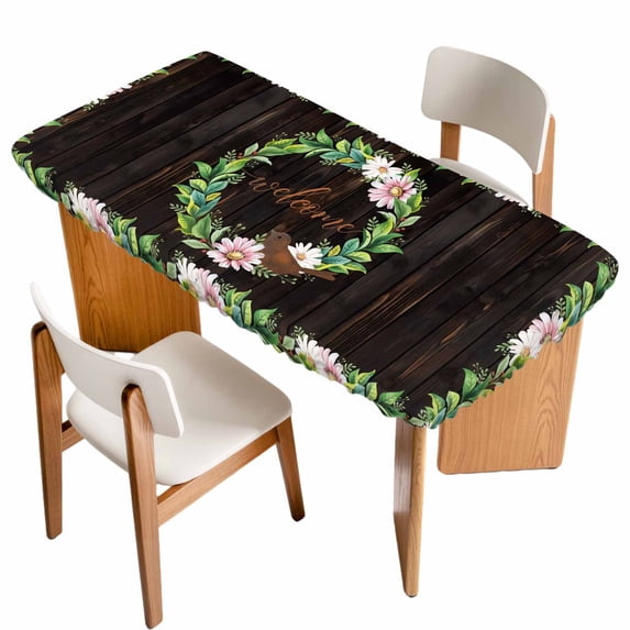 Spring Botanical Table Cloths for 4 Foot Rectangle Tables, Garden Birds Floral Leaves Brown Wood Patio Waterproof Elastic Fitted Tablecloths, Washable Rectangular Table Cover for Camping
