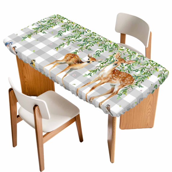 Spring Botanical Table Cloths for 4 Foot Rectangle Tables, Green Leaves Deers Birds Flowers Gray Plaid Patio Waterproof Elastic Fitted Tablecloths, Washable Rectangular Table Cover for Camping