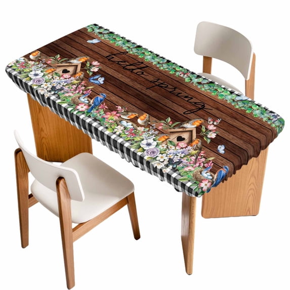 Spring Botanical Table Cloths for 5 Foot Rectangle Tables, Farmhouse Black Plaid Brown Wooden Grain Patio Waterproof Elastic Fitted Tablecloths, Washable Rectangular Table Cover for Camping