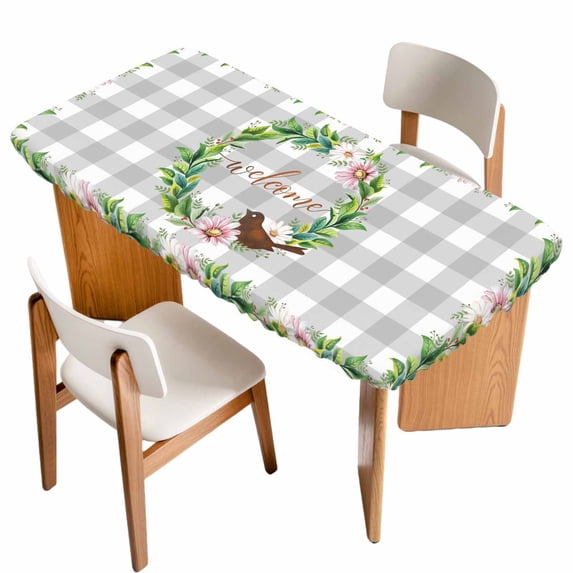 Spring Botanical Table Cloths for 5 Foot Rectangle Tables, Garden Birds Floral Leaves Gray Plaid Patio Waterproof Elastic Fitted Tablecloths, Washable Rectangular Table Cover for Camping