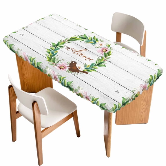 Spring Botanical Table Cloths for 5 Foot Rectangle Tables, Garden Birds Floral Leaves Gray Woodn Patio Waterproof Elastic Fitted Tablecloths, Washable Rectangular Table Cover for Camping