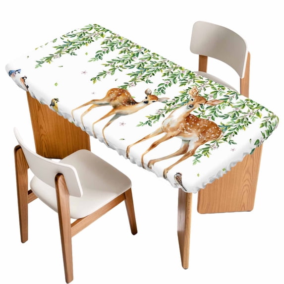 Spring Botanical Table Cloths for 5 Foot Rectangle Tables, Watercolor Leaves Deers Birds Country Patio Waterproof Elastic Fitted Tablecloths, Washable Rectangular Table Cover for Camping