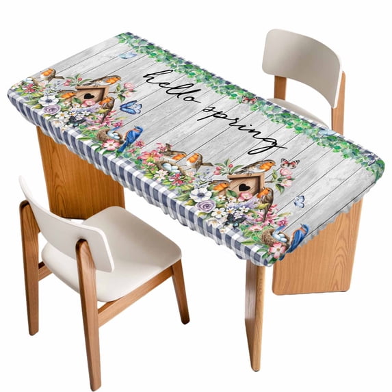 Spring Botanical Table Cloths for 6 Foot Rectangle Tables, Vintage Black Plaid Brown Wooden Grain Patio Waterproof Elastic Fitted Tablecloths, Washable Rectangular Table Cover for Camping