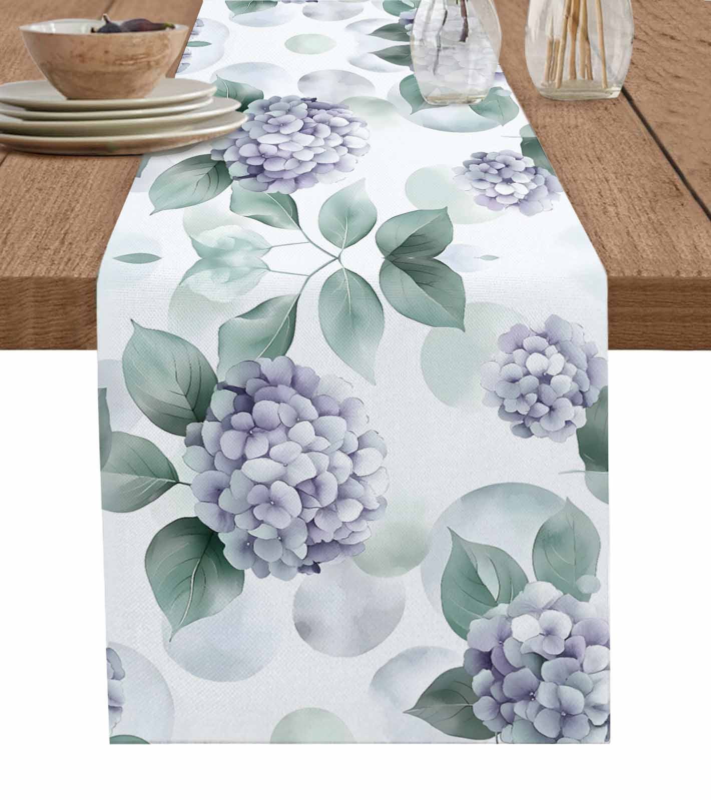 Spring Table Runner 108 Spring Botanical Table Runner 108 Inches, Eucalyptus Leaves Hydrangea ...
