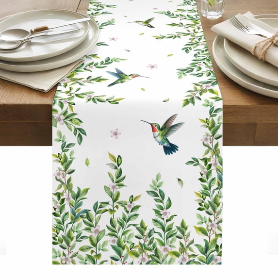 Spring Botanical Table Runner - 120 Inch Long, Kitchen Dining Table Runner Dresser Scarves, Watercolor Leaves Flowers Birds Country Farmhouse Decor for Coffee Tables Wedding Party Banquet