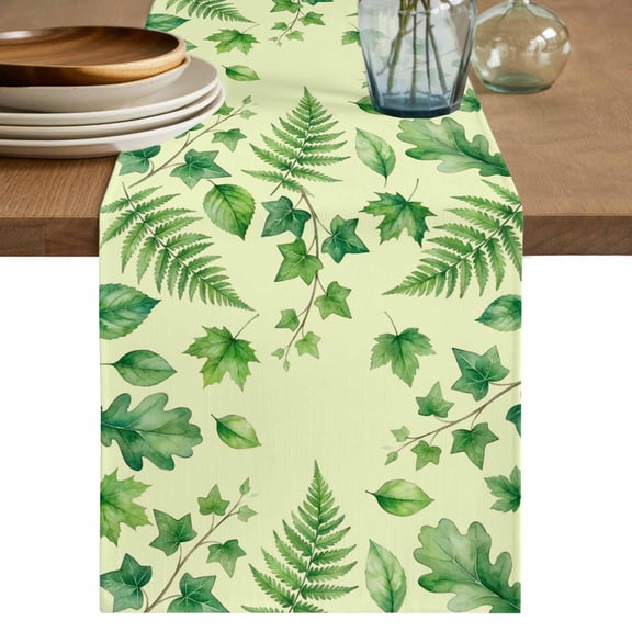 Spring Botanical Table Runner 36 Inches, Green Ivy Ferns Oak Leaves Yellow Bed Runner Dresser Scarves Tabletop for Indoor Outdoor Parties/Ceremony/Banquet, 13"x 36"
