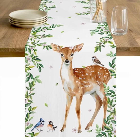 Spring Botanical Table Runner - 48 Inch Long Watercolor Leaves Deers Birds Country Cotton and Linen Blended Dress Scarves Farmhouse Table Runner for Kitchen Dining, Coffee Table, 13" x 48"
