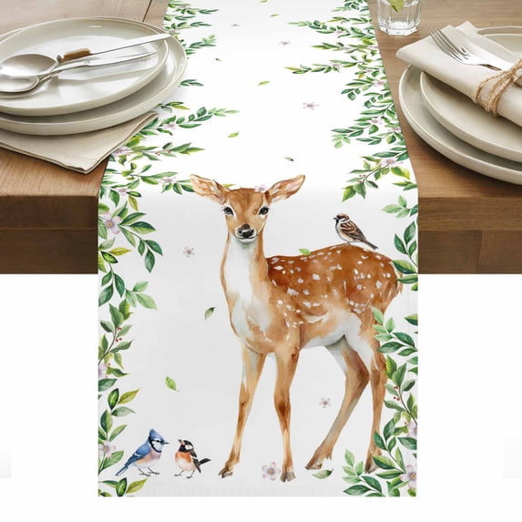 Spring Botanical Table Runner - 60 Inch Long, Kitchen Dining Table Runner Dresser Scarves, Watercolor Leaves Deers Birds Country Farmhouse Decor for Coffee Tables Wedding Party Banquet