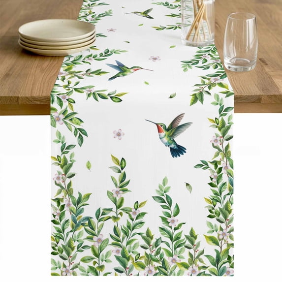 Spring Botanical Table Runner - 60 Inch Long Watercolor Leaves Flowers Birds Country Cotton and Linen Blended Dress Scarves Farmhouse Table Runner for Kitchen Dining, Coffee Table, 13" x 60"