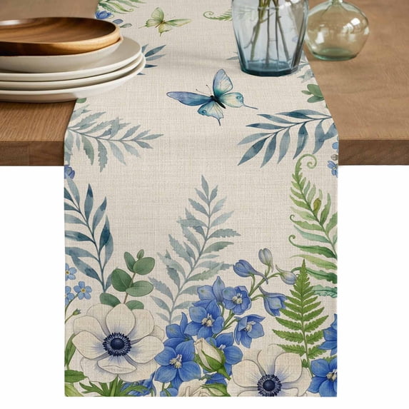 Spring Botanical Table Runner 70 Inches, Watercolor Floral Leaves Butterflies Beige Bed Runner Dresser Scarves Tabletop for Indoor Outdoor Parties/Ceremony/Banquet, 13" x 70"
