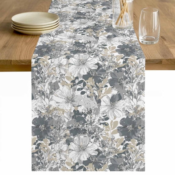 Spring Botanical Table Runner - 90 Inch Long Country Floral Leaves Gray Brown Cotton and Linen Blended Dress Scarves Farmhouse Table Runner for Kitchen Dining, Coffee Table, 13" x 90"