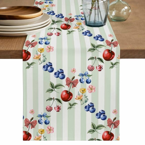 Spring Botanical Table Runner 90 Inches, Sage Green Striped Fruits Floral Bed Runner Dresser Scarves Tabletop for Indoor Outdoor Parties/Ceremony/Banquet, 13" x 90"