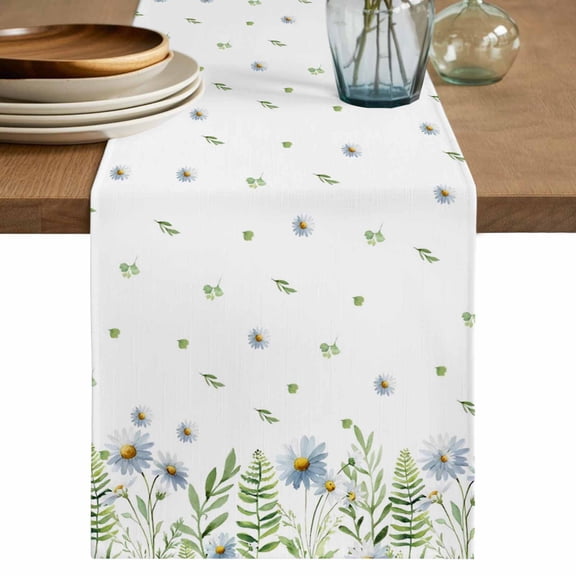 Spring Botanical Table Runner, Farmhouse Pastoral Daisy Leaves Washable Cotton Linen Table Runners 36 Inches Long, Dresser Scarf Runner for Nightstand/End Tables/Round Tables 13''x36''