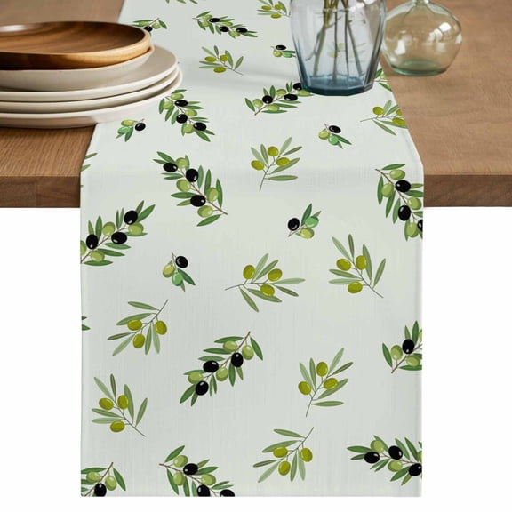 Spring Botanical Table Runner, Green Olive Berry Branches Leaves Fruit Washable Cotton Linen Table Runners 36 Inches Long, Dresser Scarf Runner for Nightstand/End Tables/Round Tables 13''x36''
